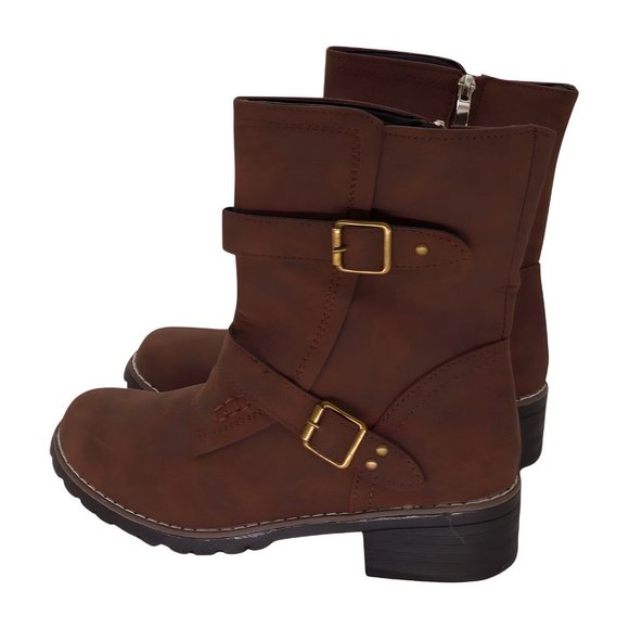 YASIRUN Coffee Double-Buckle Boot Womens Shoes, Coffee, Size 8 - Picture 3 of 5